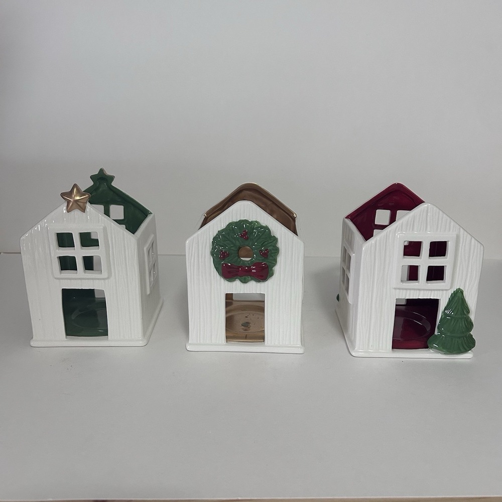 PartyLite Holiday Village Tealight Holder Trio Ceramic Christmas‎ Houses P93346
